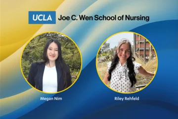 Photos of Megan Nim and Riley Rehfeld on a graphic background