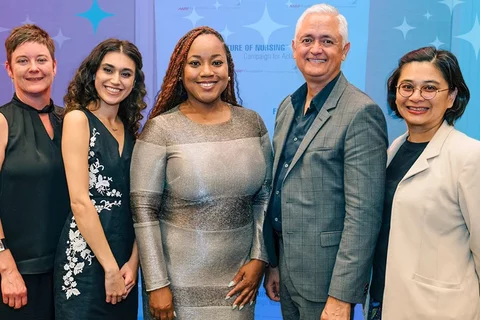 Nursing honor awardees M. Rebecca O’Connor, Sabrina Jamal-Eddine, Selena Gilles, Robert Lucero, and Wei-Ti Chen