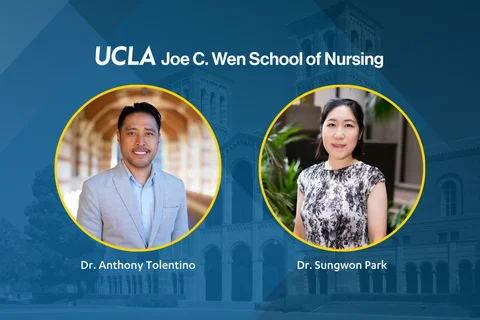 Anthony Tolentino and Sungwon Park pictured on a graphic with the UCLA Nursing logo