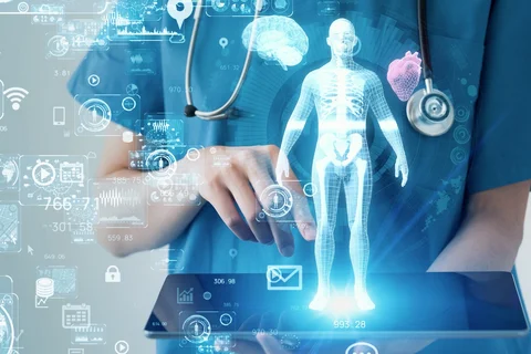 A graphic image depicting a nurse using technology