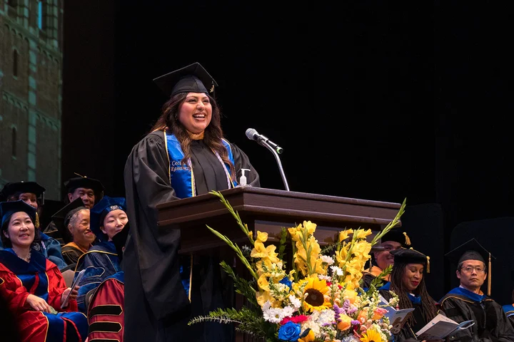 Cecilia Ramirez giving the class speech at the 2026 Commencement.
