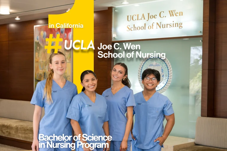 4 UCLA nursing students in blue scrubs standing in the lobby of the Factor Building. A #1 in California graphic along with the text Bachelor of Science in Nursing Program is in the image.