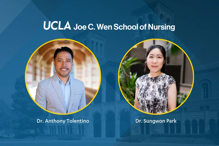 Anthony Tolentino and Sungwon Park pictured on a graphic with the UCLA Nursing logo