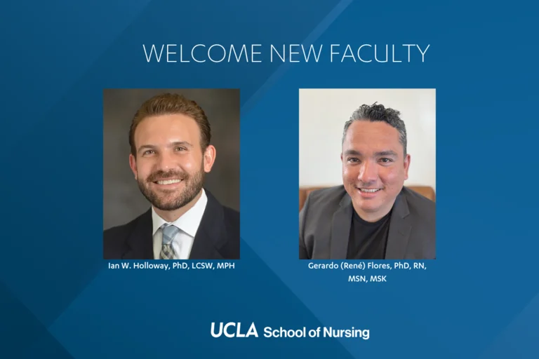 A graphic showing photographs of Ian Holloway and Gerardo Flores with the text, Welcome New Faculty.