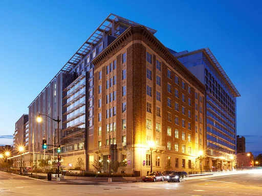 The exterior of the Marriot Marquis Hotel in Washington DC.