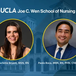 Charlotte Bryant and Paolo Roca with the UCLA Joe C. Wen School of Nursing logo.