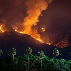 An mountainside in Los Angeles on fire with palm trees in the foreground.