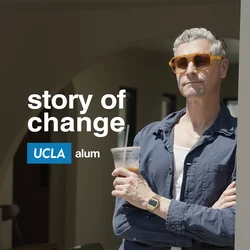 UCLA Nursing alum Ned Brower with text saying 'Story of Change' and the UCLA Alum logo