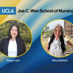 Photos of Megan Nim and Riley Rehfeld on a graphic background