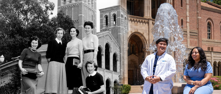 A composite image showing UCLA Nursing students from the past and from today
